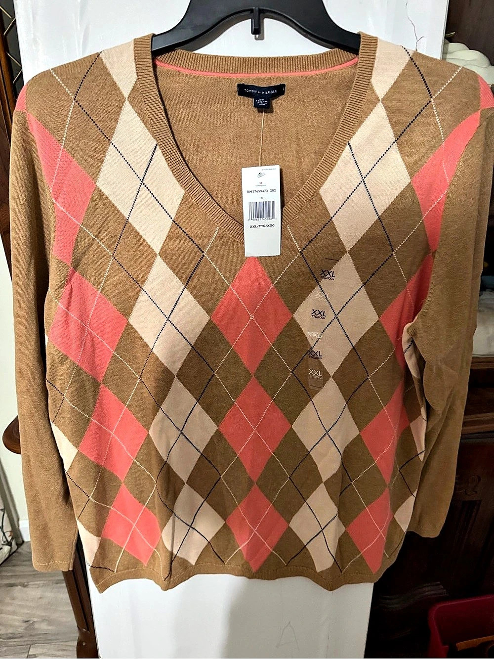 Tommy Hilfiger Argyle V-Neck Sweater in Brown & Pink XXL
